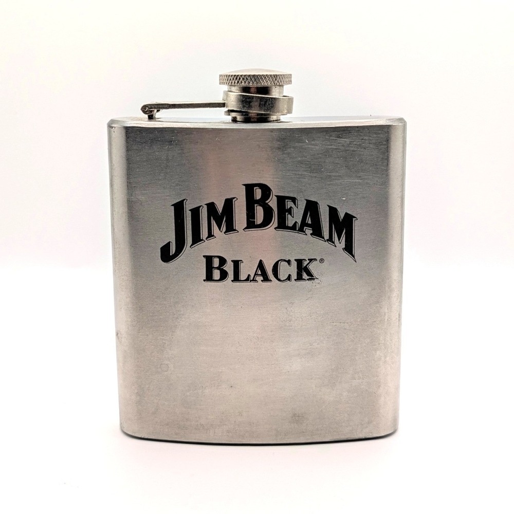 Jim Beam Black Stainless Steel 6 oz Pocket Flask Captive Screw Top Silver